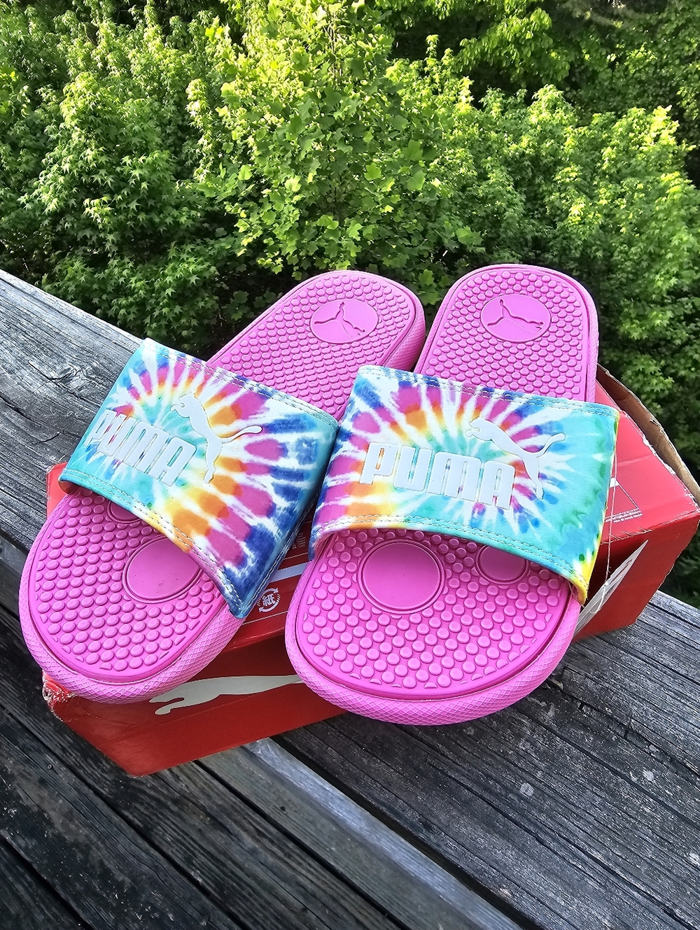 Puma Cool Cat Tie Dye Slides Pink Girls Junior Size 4C NWT